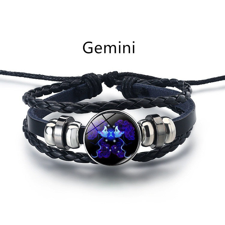 12 Constellation Luminous Braided Leather Bracelet, Adjustable Zodiac Sign Glow In The Dark Wristband For Men Women