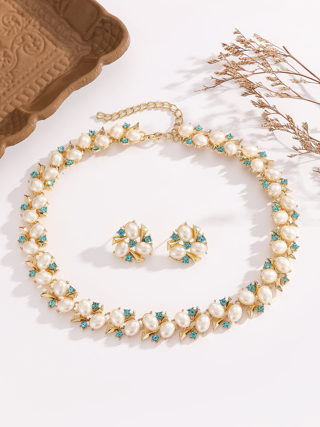Gold Plated Imitation Pearl & Blue Crystal Jewelry Set, Anti-allergy Stud Earrings & Adjustable Necklace for Wedding Party