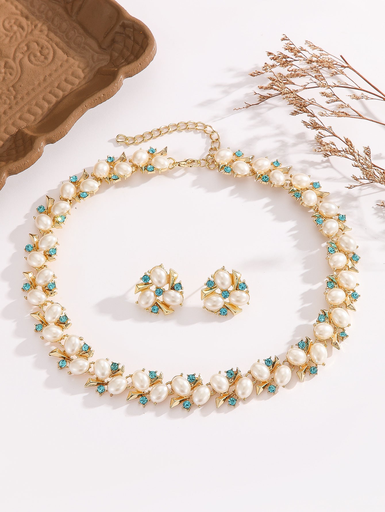 Gold Plated Imitation Pearl & Blue Crystal Jewelry Set, Anti-allergy Stud Earrings & Adjustable Necklace for Wedding Party