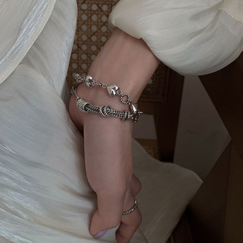 2 Styles S925 Sterling Silver Vintage Bracelet Set, Polished Heart Twisted Link Chain & Textured Coil Tassel Rectangular Paperclip Wrist Chain Adjustable Extension Jewelry for Women