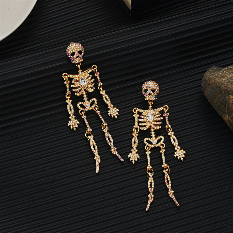 Rhinestone Skeleton Dangle Earrings, Vintage Articulated Skull Drop Earrings Gothic Halloween Party Statement Earrings For Women