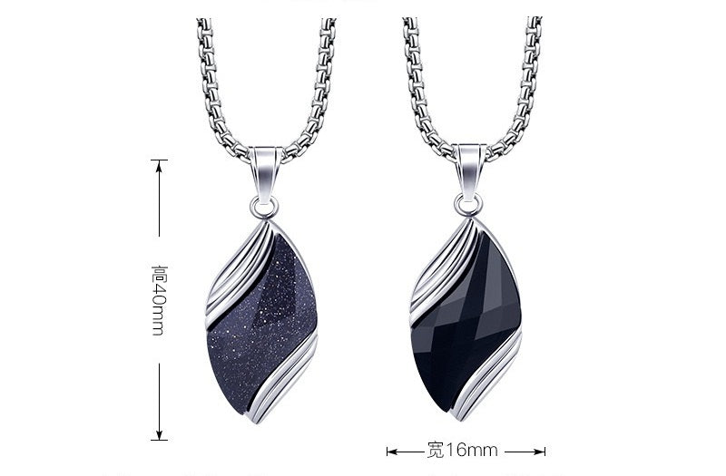 Unisex Titanium Steel Leaf Pendant Necklace Natural Blue Sandstone & Black Onyx Box Chain Men Women Jewelry