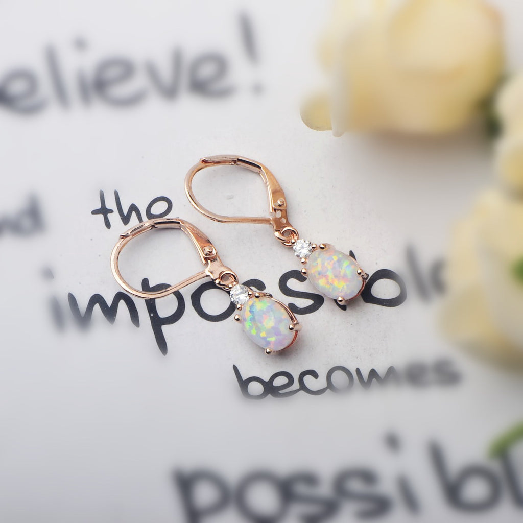 Oval Opal Leverback Drop Earrings, Silver & Rose Gold Plated