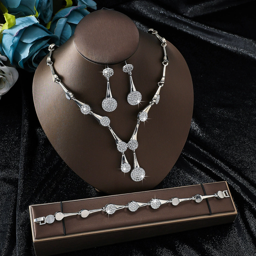 3Pcs Round Pave CZ Jewelry Set | Necklace + Drop Earrings + Bracelet, Hypoallergenic Gold/Silver Plated