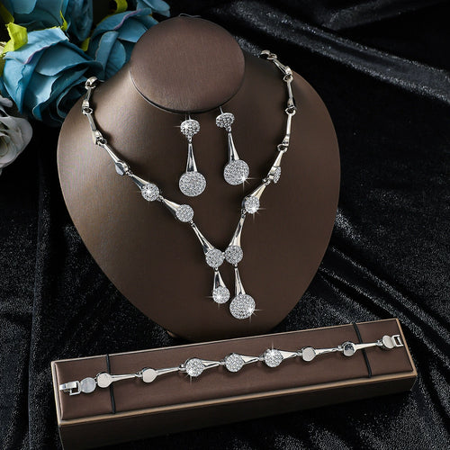 3Pcs Round Pave CZ Jewelry Set | Necklace + Drop Earrings + Bracelet, Hypoallergenic Gold/Silver Plated