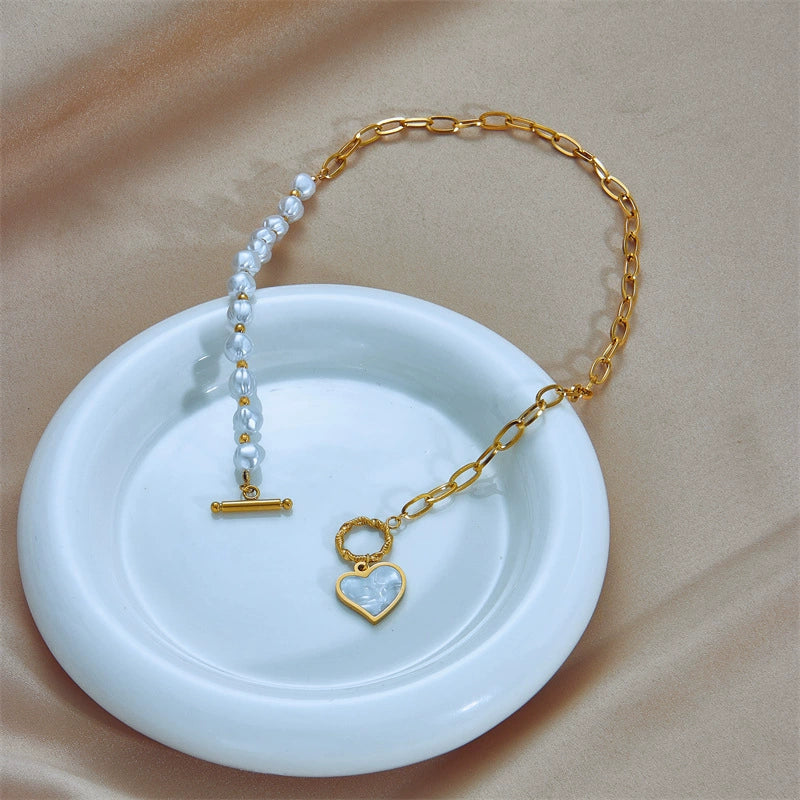 Asymmetric Pearl Heart Shell Pendant Necklace, Hypoallergenic Titanium Steel OT Toggle Choker