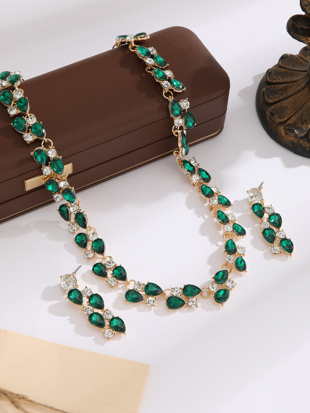 Teardrop Sapphire/Emerald Crystal Necklace & Drop Earring Formal Jewelry Set