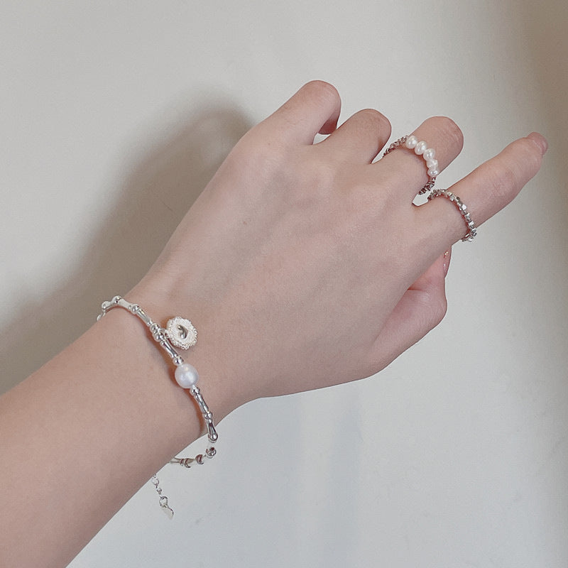 S925 Sterling Silver Bamboo Joint Bracelet, Natural Freshwater Pearl Dainty Wrist Chain with Embossed Heart Round Tag Adjustable Extension Chain for Women Minimalist Lucky Jewelry Gift