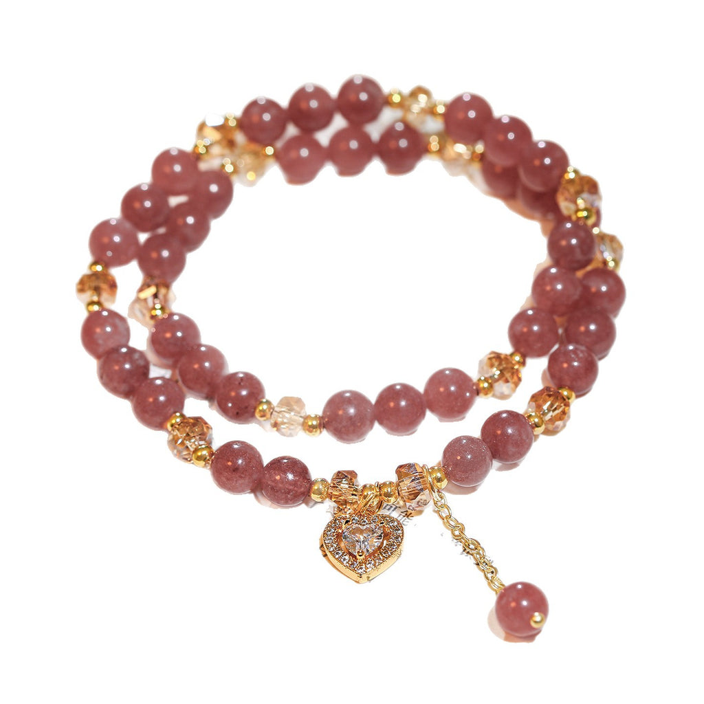 Double Strand Natural Strawberry Quartz Beaded Stretch Bracelet, Paved Crystal Heart Charm Dainty Stackable Wrist Jewelry for Women Valentine Daily Dating