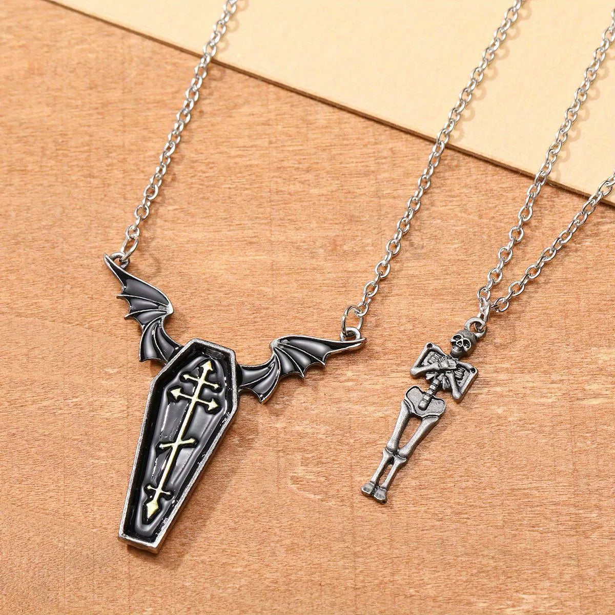 2Pcs Gothic Coffin Pendant Necklaces, Bat Wing Coffin Cross Necklace & Detachable Skeleton Body Pendant Necklace, Vintage Dark Punk Halloween Jewelry Set for Men Women