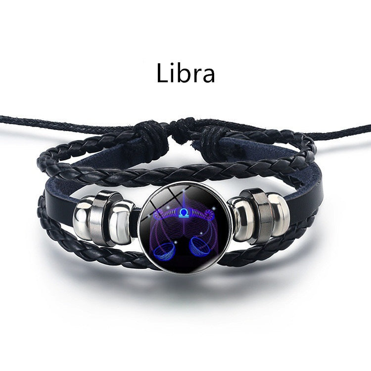 12 Constellation Luminous Braided Leather Bracelet, Adjustable Zodiac Sign Glow In The Dark Wristband For Men Women