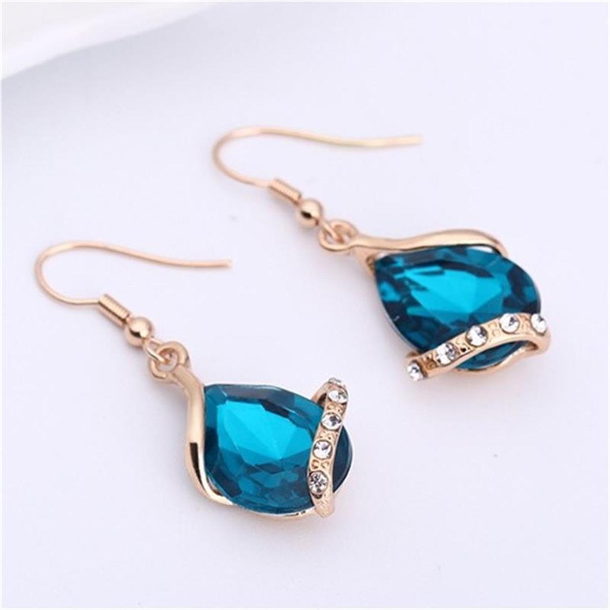 Parure de bijoux comprenant un collier avec pendentif en forme de goutte d'eau en cristal bleu et des boucles d'oreilles pendantes, en alliage de zinc hypoallergénique