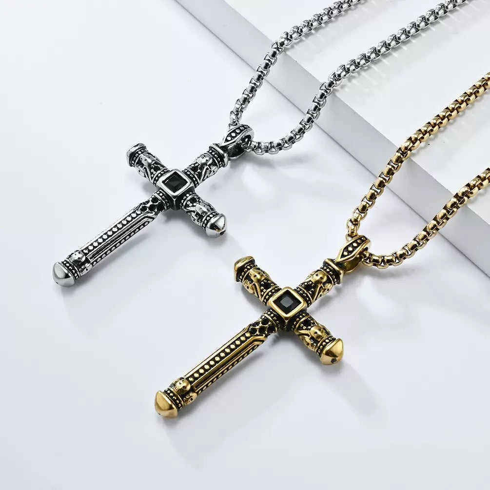 Mens Vintage Skull Cross Pendant Stainless Steel Necklace 60cm Box Chain Black Onyx Punk Biker Jewelry Silver Gold
