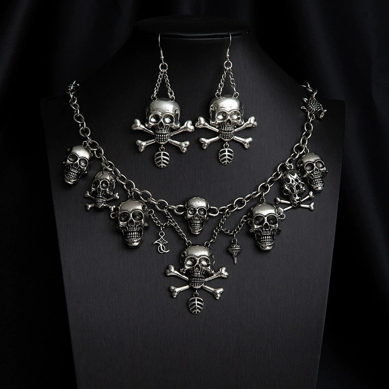 Vintage Gothic Skull Crossbones Jewelry Set, Pirate Skeleton Charm Statement Necklace & Dangle Earrings Halloween Punk Costume Jewelry For Women