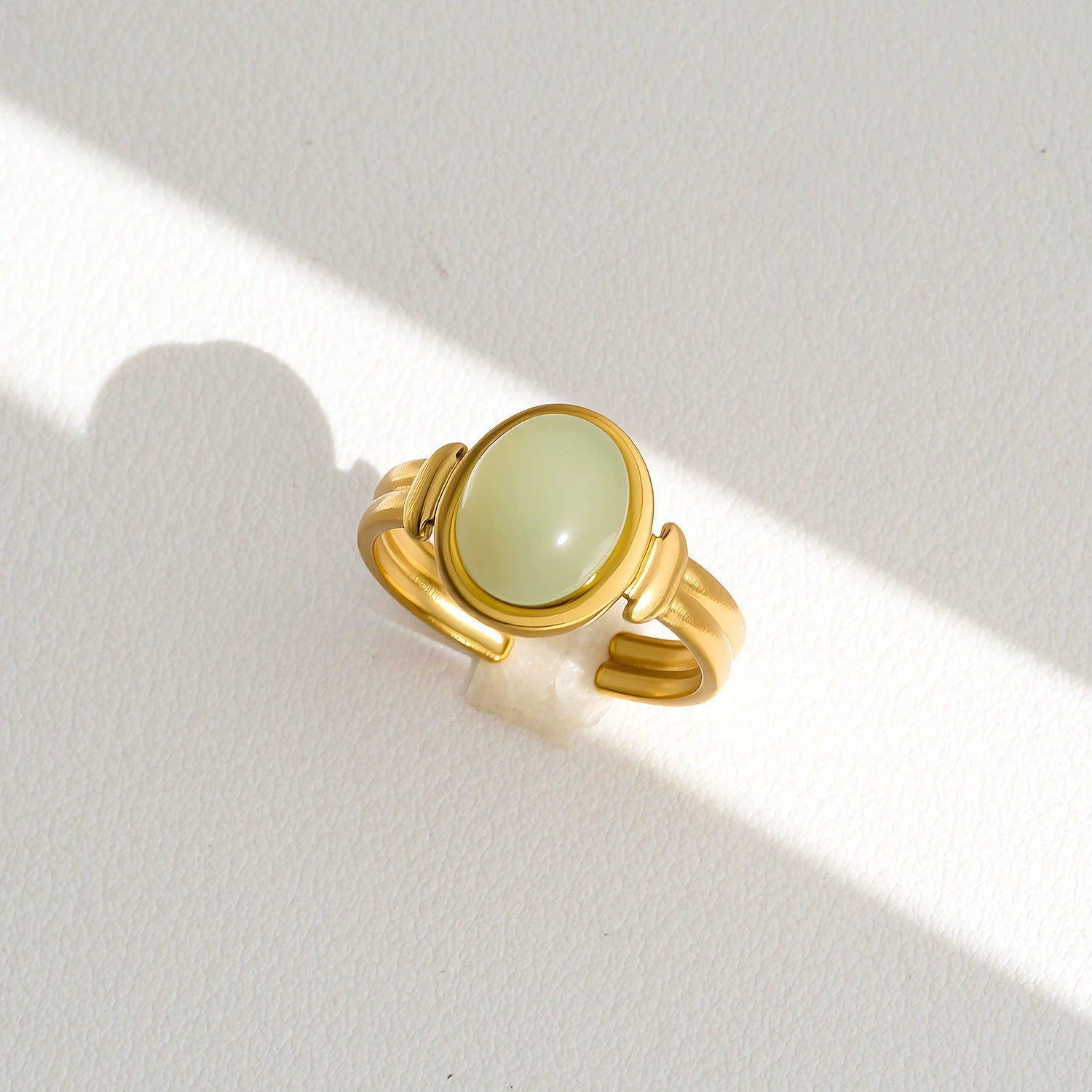 Vintage Natural Stone Stainless Steel Open Adjustable Ring, 18K Gold Plated Tarnish Resistant Gemstone Stackable Ring For Women