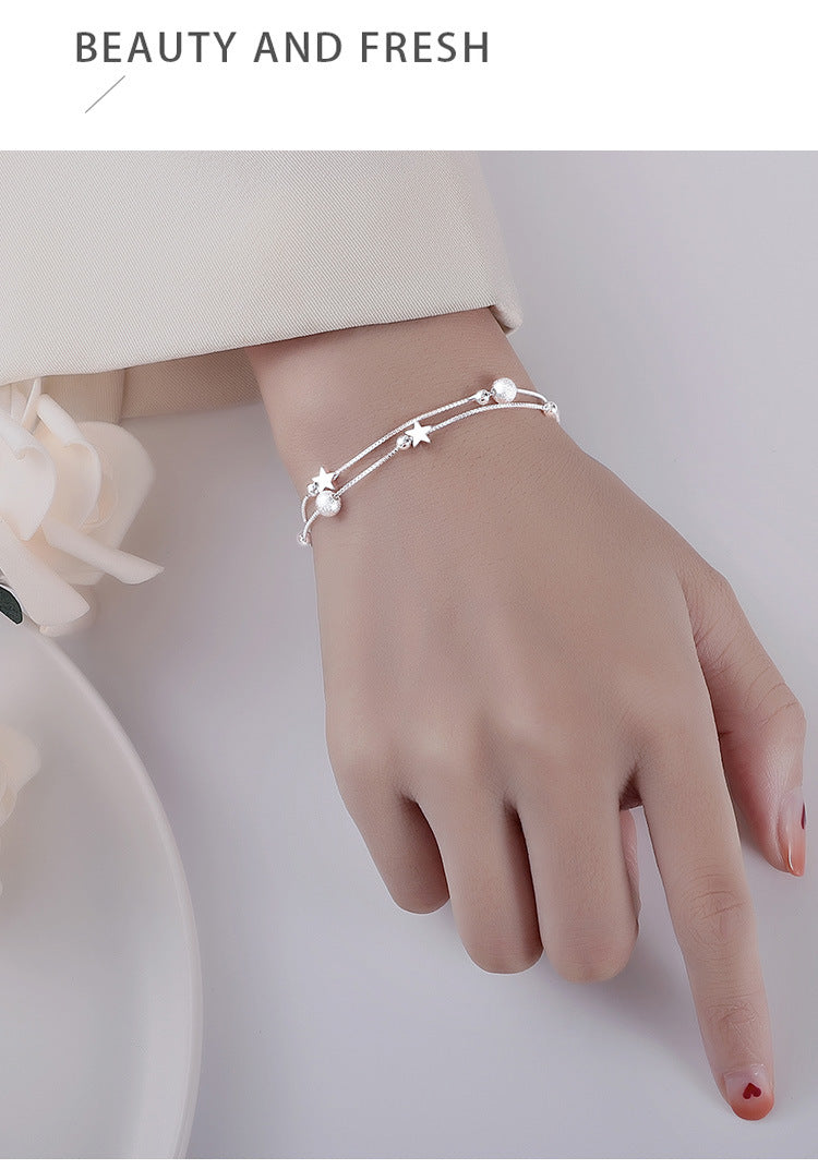S925 Sterling Silver Double Layer Star Bracelet, Dainty Two-Strand Snake Chain Wrist Bracelet with Matte Frosted Beads & Tiny Star Charms Adjustable Extension Chain for Women Minimalist Daily Jewelry Gift