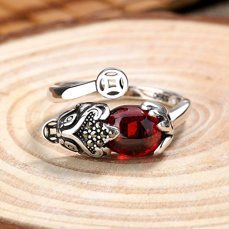 Vintage Pixiu Garnet Open Adjustable Ring, Chinese Lucky Coin Wealth Feng Shui Silver Tone Ring for Women Men