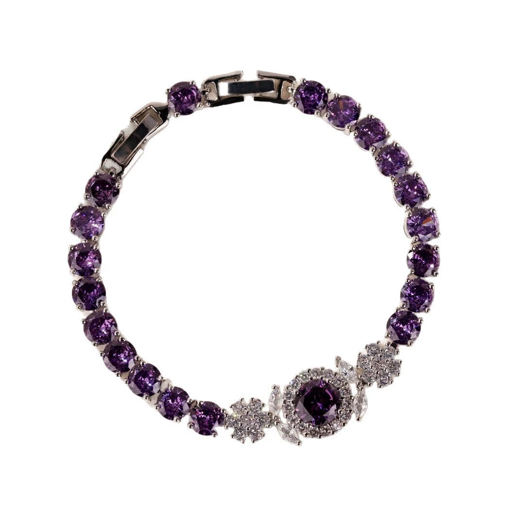 Luxury Round Amethyst Purple Cubic Zirconia Tennis Bracelet Floral Halo Central Gem Silver Plated Link Chain Extension Clasp Wedding Banquet Statement Bracelet For Women