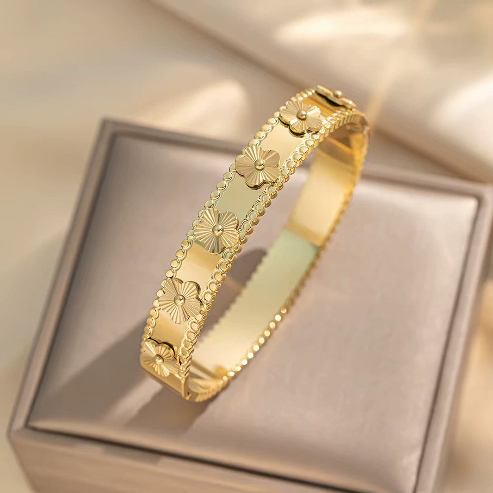 18K Gold Plated Stainless Steel Clover Bangle Bracelet, Tarnish Resistant Enamel Five Leaf Flower Hinged Bangle Stackable Jewelry For Women