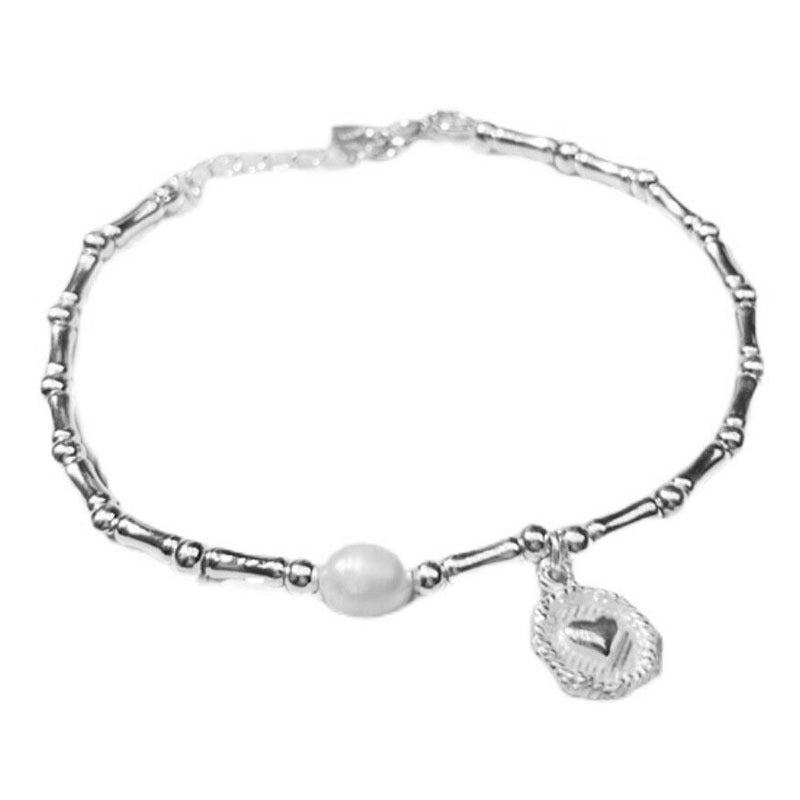 S925 Sterling Silver Bamboo Joint Bracelet, Natural Freshwater Pearl Dainty Wrist Chain with Embossed Heart Round Tag Adjustable Extension Chain for Women Minimalist Lucky Jewelry Gift