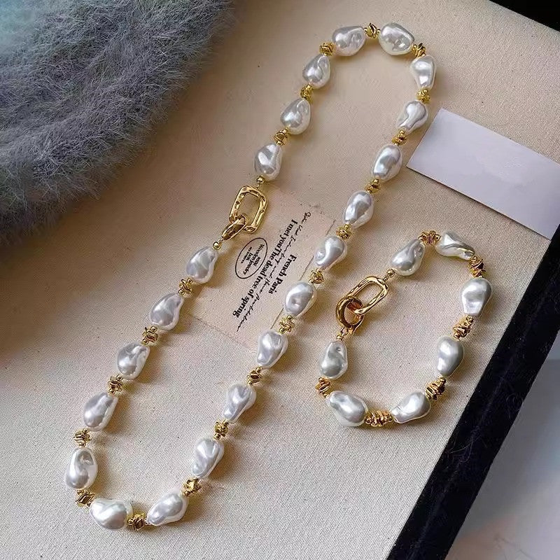 Vintage French Irregular Baroque Faux Pearl Jewelry Set, Chunky Baroque Pearl Choker Necklace & Stackable Bracelet, Gold Plated Toggle Clasp Elegant Bridal Daily Layering Jewelry Gift For Women
