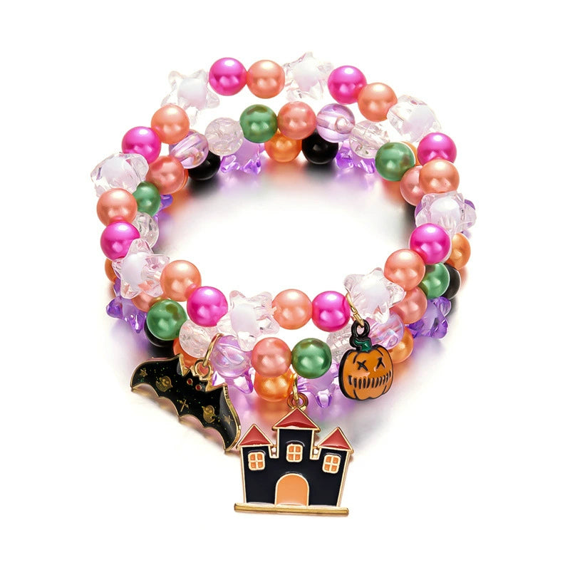 Halloween Cute Ghost Pumpkin Charm Beaded Bracelet Set, 3Pcs Stackable Enamel Charm Stretch Bracelets Witch Bat Mummy Jewelry For Women Kids Party