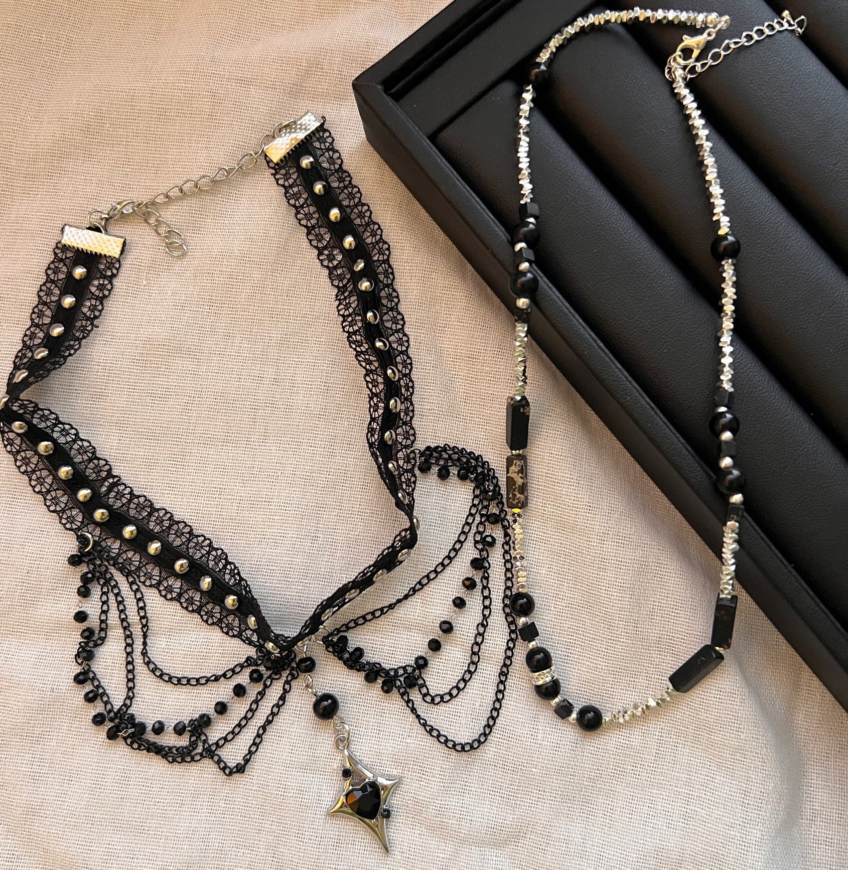 2Pcs Dark Gothic Black Lace Choker & Beaded Chain Necklace Set, Y2K Star Heart Pendant Layered Tassel Choker, Punk Alternative Grunge Jewelry for Women