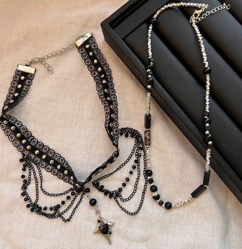 2Pcs Dark Gothic Black Lace Choker & Beaded Chain Necklace Set, Y2K Star Heart Pendant Layered Tassel Choker, Punk Alternative Grunge Jewelry for Women