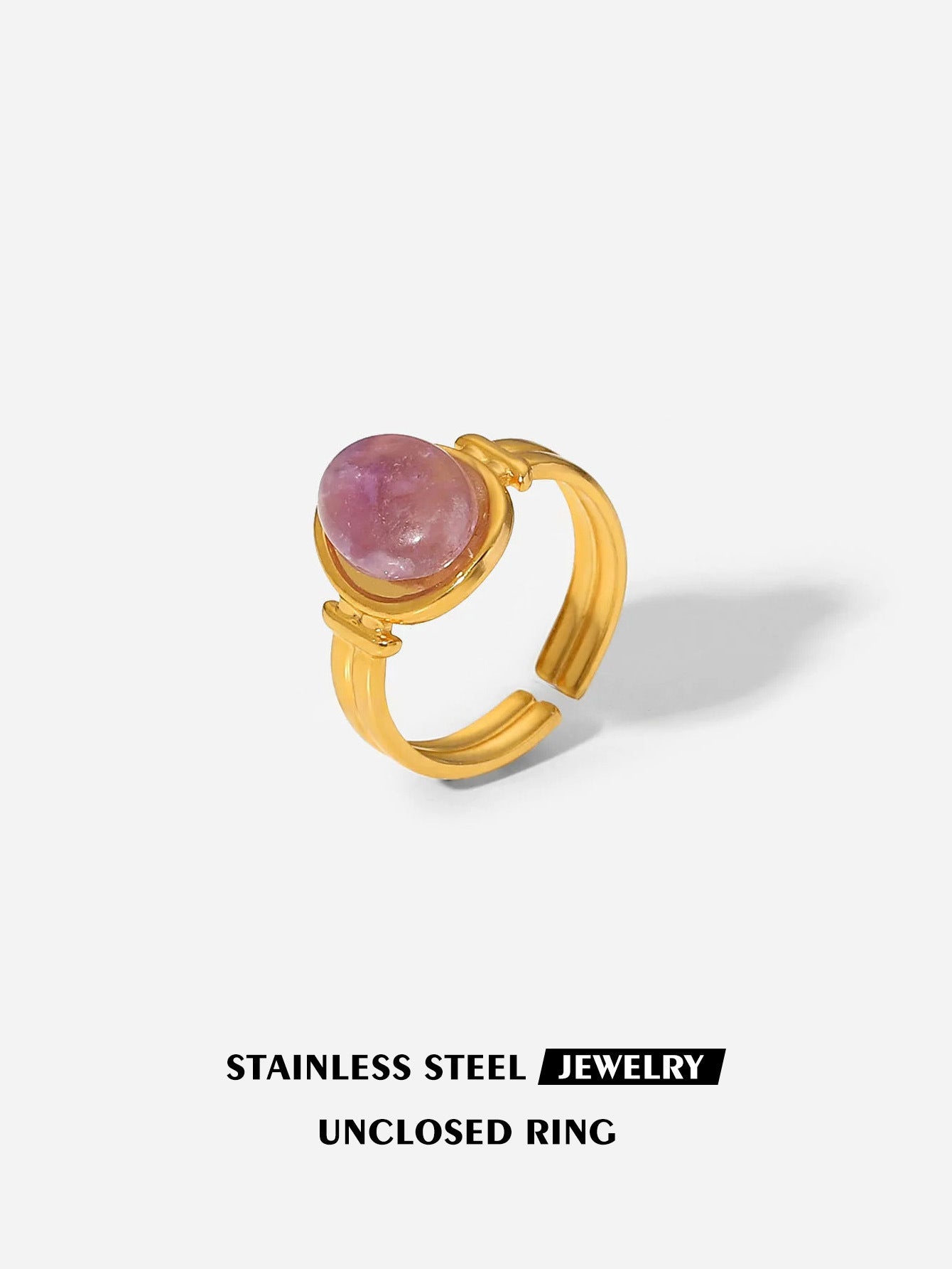 Vintage Natural Stone Stainless Steel Open Adjustable Ring, 18K Gold Plated Tarnish Resistant Gemstone Stackable Ring For Women