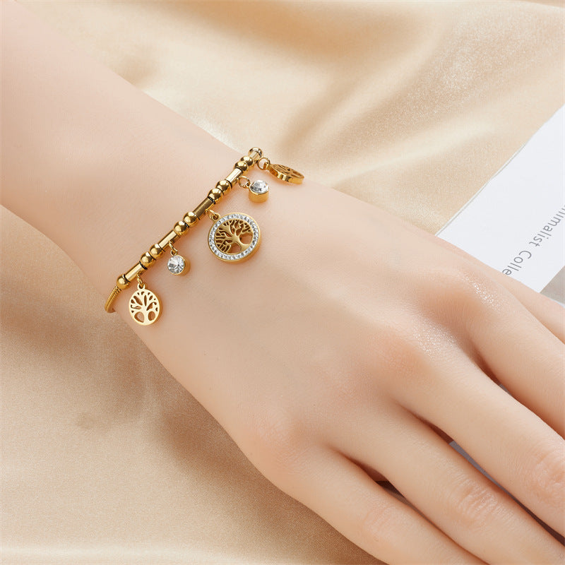 18K Gold Plated Stainless Steel Tree of Life Charm Bracelet, Tarnish Resistant Dainty Crystal Snake Chain Adjustable Bracelet For Women