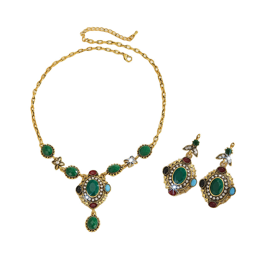 Bohemian Multi-Color Resin Crystal Jewelry Set, Antique Gold Necklace & Drop Dangle Earrings