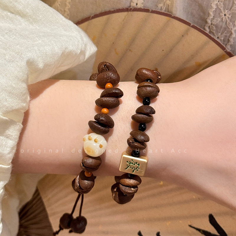 Handmade Real Coffee Bean Beaded Bracelet for Women, Cute Cartoon Dog & Fish Charm Natural Coffee Seed Stretch Bracelet Casual Coffee Lover Wrist Jewelry