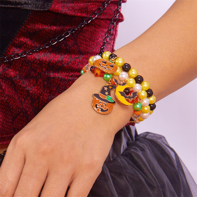 Halloween Cute Ghost Pumpkin Charm Beaded Bracelet Set, 3Pcs Stackable Enamel Charm Stretch Bracelets Witch Bat Mummy Jewelry For Women Kids Party