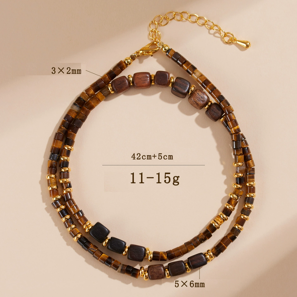 Handmade Natural Tiger Eye & Agarwood Choker Necklace for Men Women, Vintage Wooden Bead Collarbone Necklace with Adjustable Extension Chain, Retro Boho Healing Crystal Beaded Necklace Jewelry Gift
