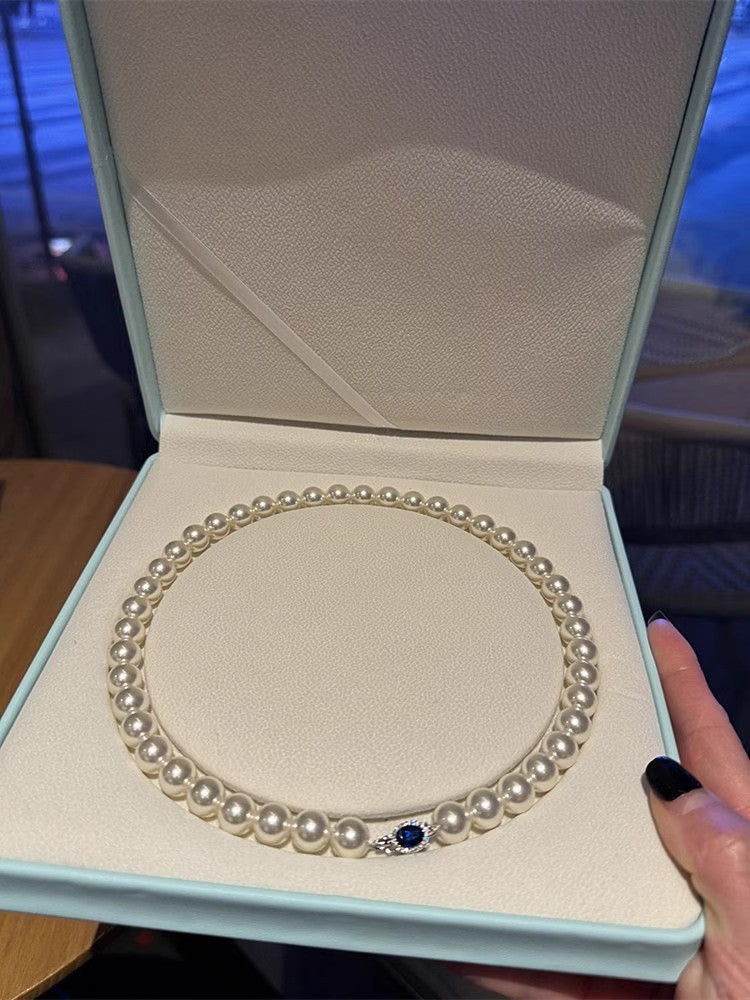 High Luster Natural Australian Mother of Pearl Necklace, 925 Sterling Silver Sapphire Inlaid Clasp, 45CM Single Strand Round Shell Pearl Choker, Elegant Vintage Pearl Jewelry for Wedding Party Daily Outfit Gift for Women