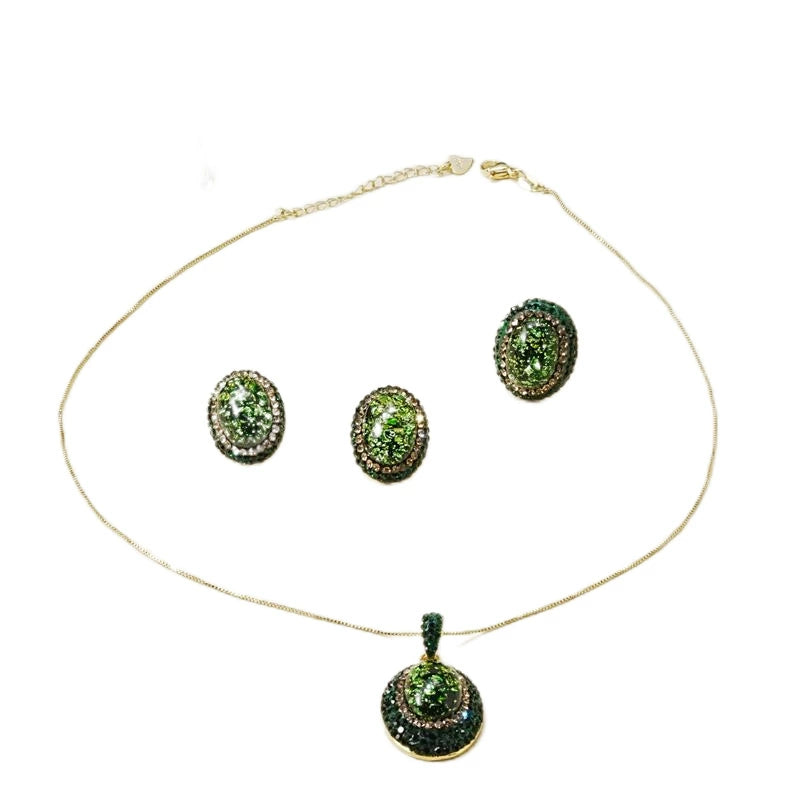 Retro Forest Green Flake Crystal Inlay Jewelry Kit Oval Cabochon Pendant Necklace Matching Stud Earring & Statement Open Ring Anti-Tarnish Gold Plated Ladies Gift Set