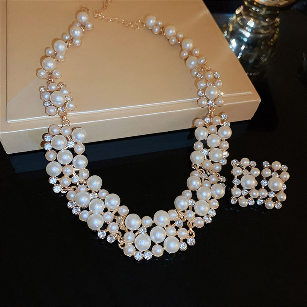 Multi-Size Faux Pearl Rhinestone Choker Jewelry Set, Necklace & Stud Earrings