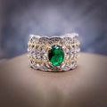 Baroque Royal Hollow Lace Texture Emerald Green Gem Open Ring Bi-Color Antique Plating Multi-Layer Marquise Zircon Inlaid Adjustable Wide Band Ladies Evening Jewelry