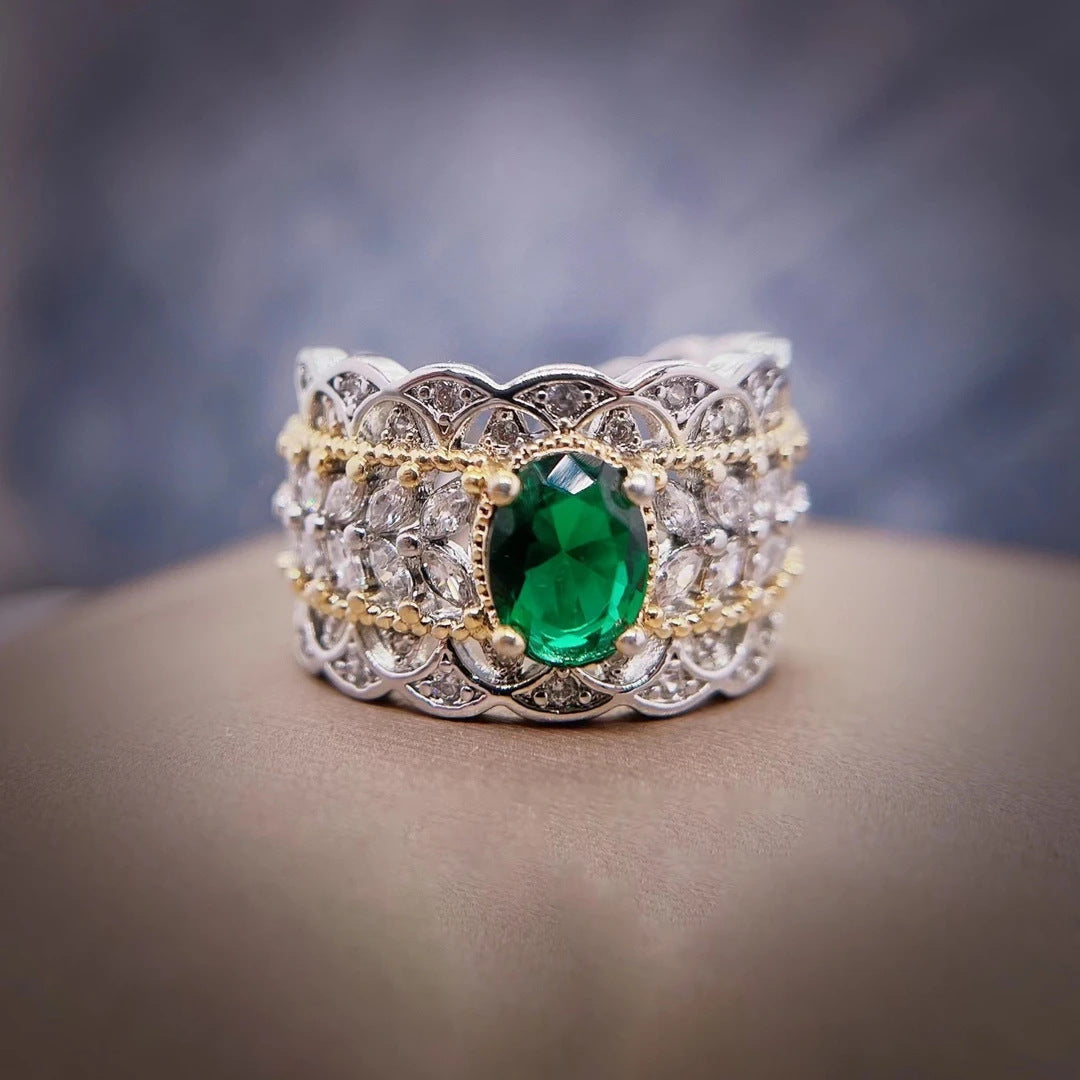 Baroque Royal Hollow Lace Texture Emerald Green Gem Open Ring Bi-Color Antique Plating Multi-Layer Marquise Zircon Inlaid Adjustable Wide Band Ladies Evening Jewelry