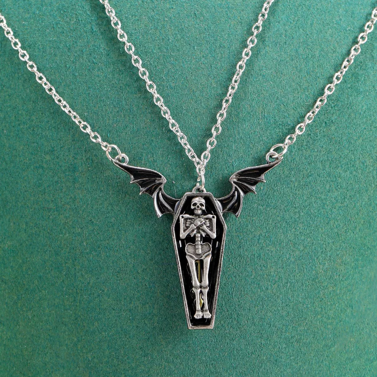 2Pcs Gothic Coffin Pendant Necklaces, Bat Wing Coffin Cross Necklace & Detachable Skeleton Body Pendant Necklace, Vintage Dark Punk Halloween Jewelry Set for Men Women