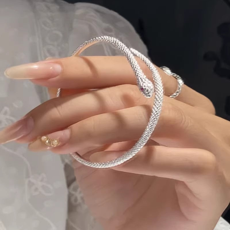 Vintage Open Cuff Snake Bangle Bracelet, Detailed Textured Scale Silver Plated Snake Wrist Cuff with Pink Crystal Eye Gothic Minimalist Jewelry for Women