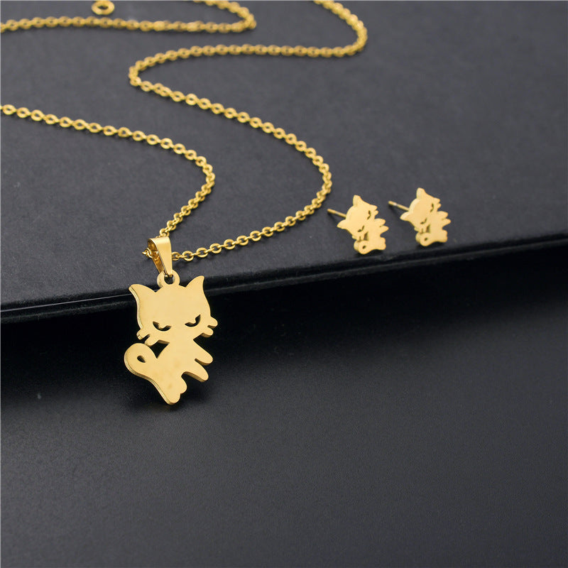 Cute Cartoon Cat Pendant Necklace Stud Earring Set Stainless Steel Gold Silver Pet Lover Jewelry Gift