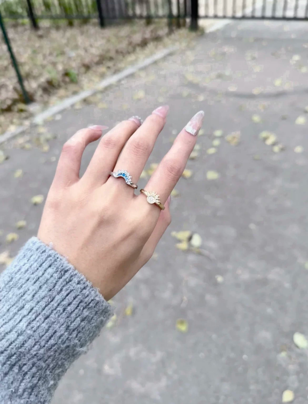 2Pcs Sun Moon Stackable Open Ring Set, Silver & Gold Plated Cubic Zirconia Adjustable Couple Rings