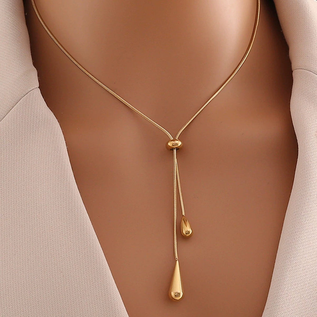 Gold Teardrop Tassel Jewelry Set, Adjustable Lariat Necklace & Long Drop Earrings Hypoallergenic Stainless Steel