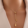 Gold Teardrop Tassel Jewelry Set, Adjustable Lariat Necklace & Long Drop Earrings Hypoallergenic Stainless Steel