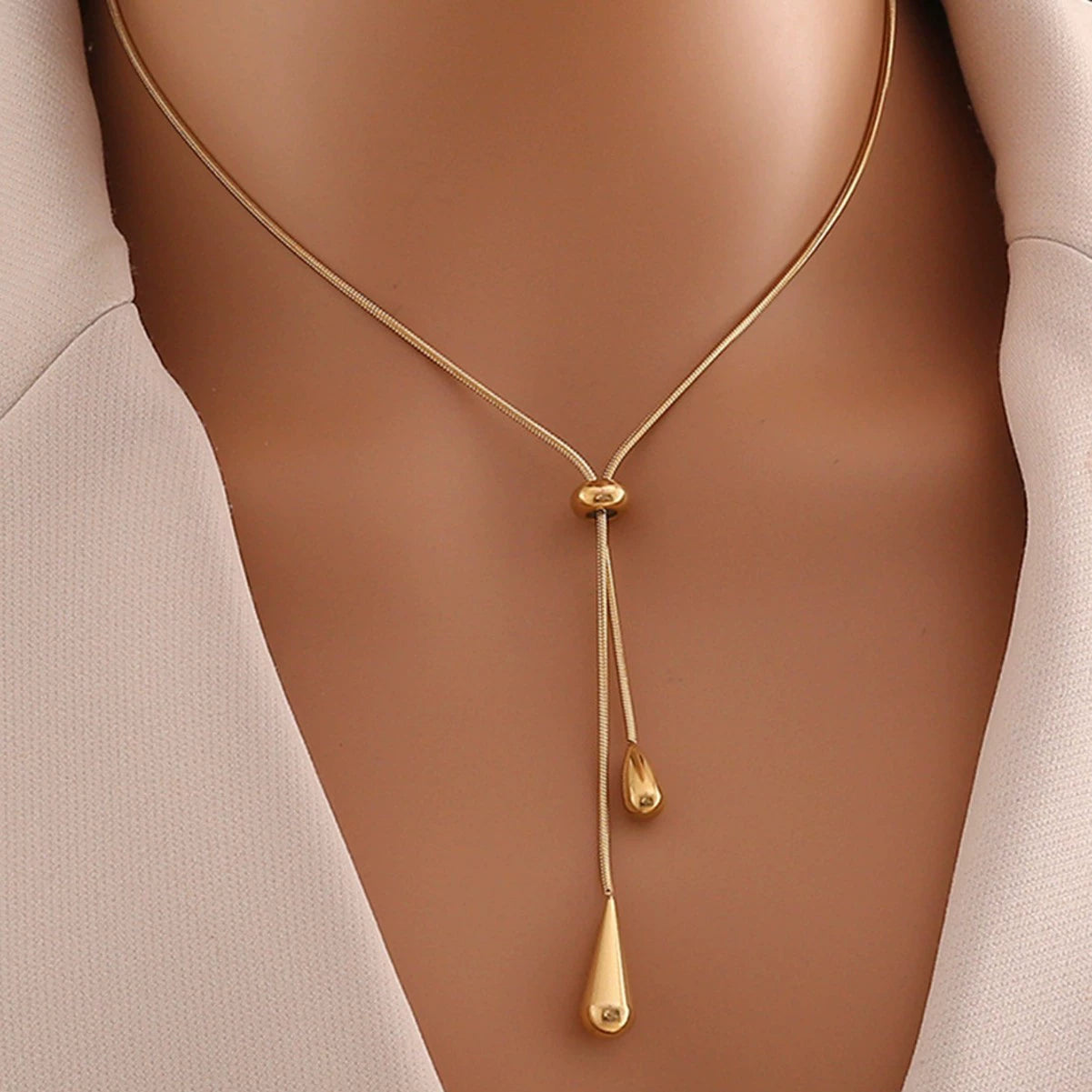 Gold Teardrop Tassel Jewelry Set, Adjustable Lariat Necklace & Long Drop Earrings Hypoallergenic Stainless Steel