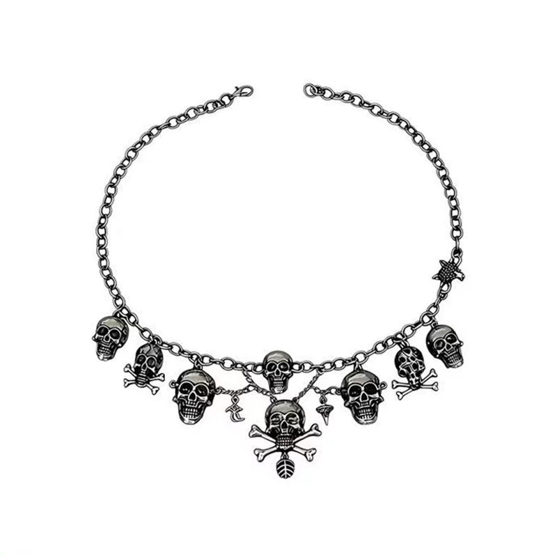 Vintage Gothic Skull Crossbones Jewelry Set, Pirate Skeleton Charm Statement Necklace & Dangle Earrings Halloween Punk Costume Jewelry For Women