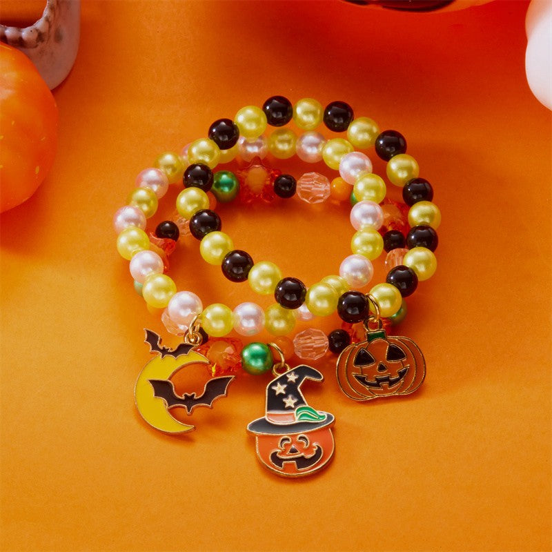 Halloween Cute Ghost Pumpkin Charm Beaded Bracelet Set, 3Pcs Stackable Enamel Charm Stretch Bracelets Witch Bat Mummy Jewelry For Women Kids Party