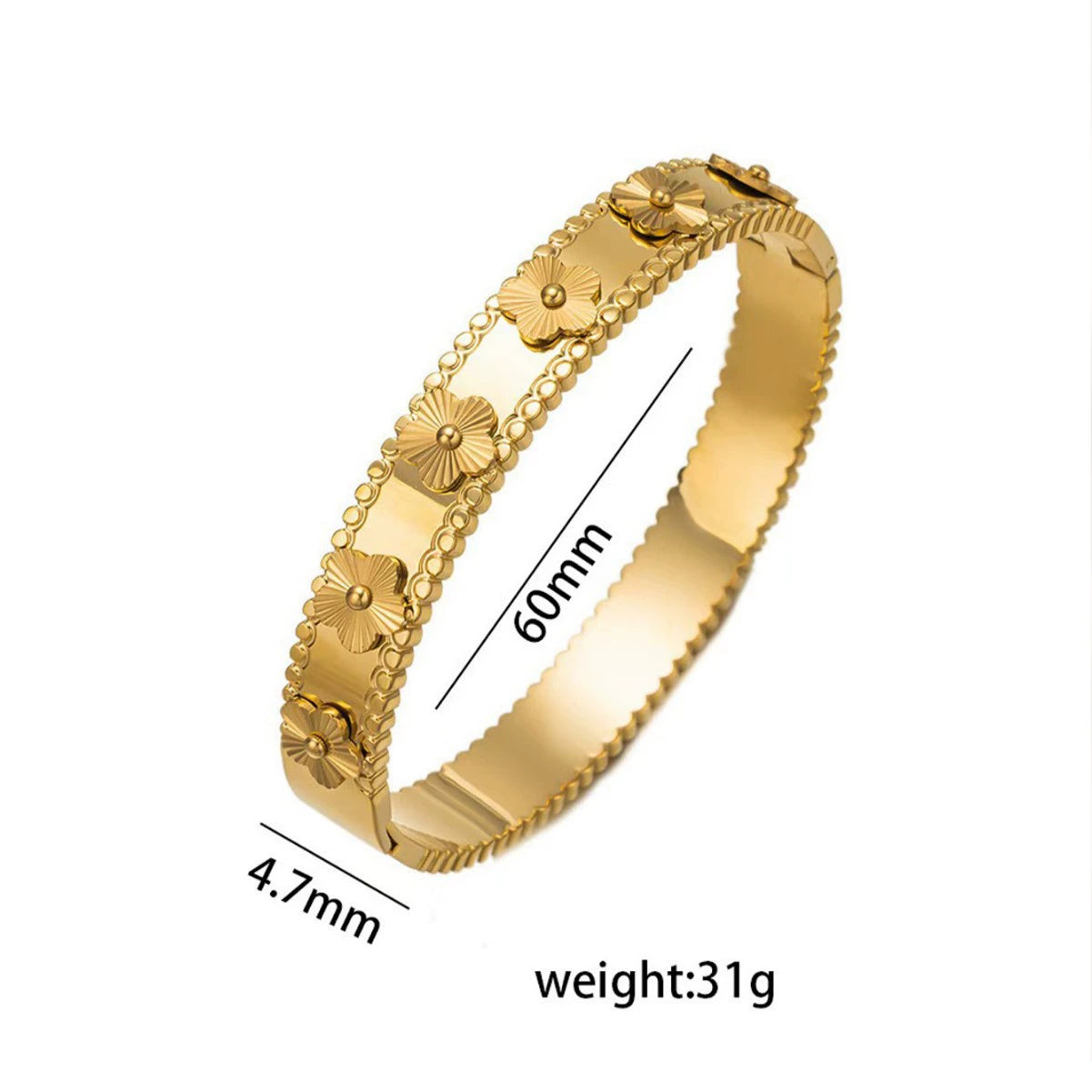 18K Gold Plated Stainless Steel Clover Bangle Bracelet, Tarnish Resistant Enamel Five Leaf Flower Hinged Bangle Stackable Jewelry For Women