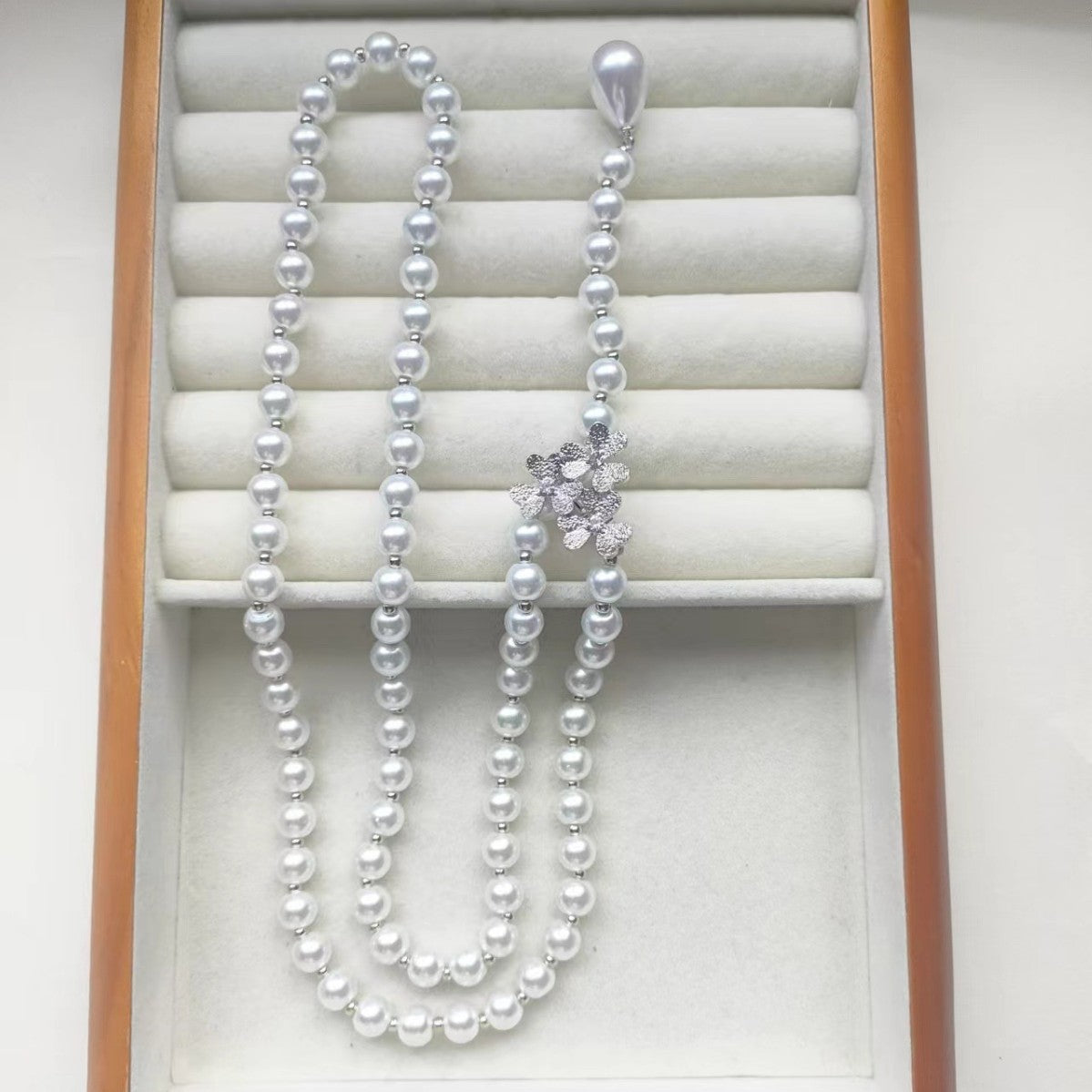 Long White Grey Imitation Pearl Sweater Necklace Silver Flower Clasp Teardrop Pendant Women Layering Jewelry